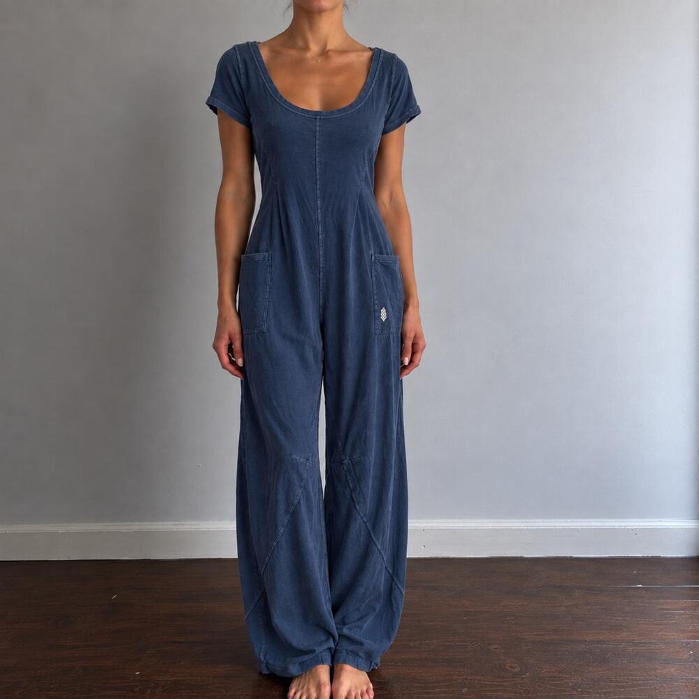 Free People Movement Washed Blue Bohemian Open Back Utility Jumpsuit Size XS